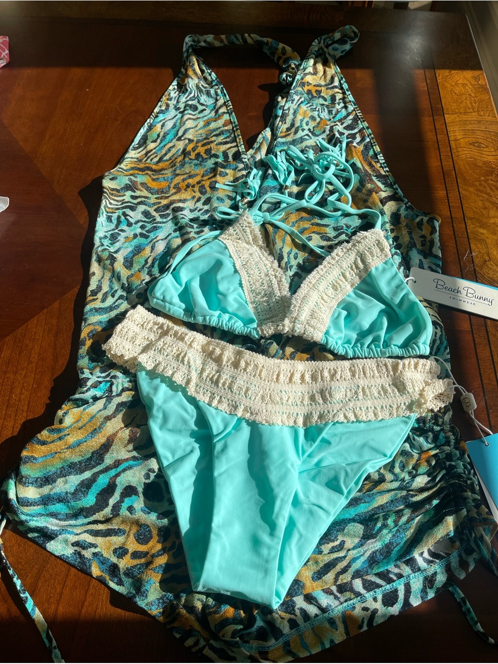 Lot of Luli Fama leopard coverup O/S and beach bunny aqua crochet bikini XL/M